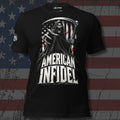 American veteran reaper with scythe and American flag design front print black tee from Infidel Collective
