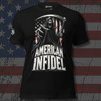 American Vet patriotic reaper graphic black tee with dog tags and scythe