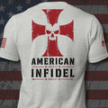 Infidel Collective athletic heather gray back-print tee with red cross, skull, “AMERICAN INFIDEL,” Ephesians 6:13, and Romans 8:37