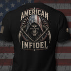 American Infidel hooded reaper with crossed scythes and flag backdrop design back print black tee from Infidel Collective