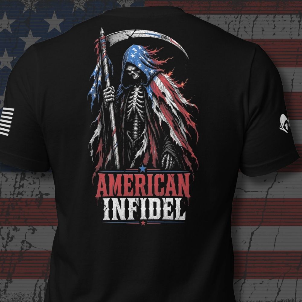 Infidel Collective black tee with skeletal reaper, scythe, American flag cloak, and “AMERICAN INFIDEL” back print