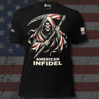 Infidel Collective black tee with red, white, and blue hooded reaper, scythe, and “AMERICAN INFIDEL” front graphic