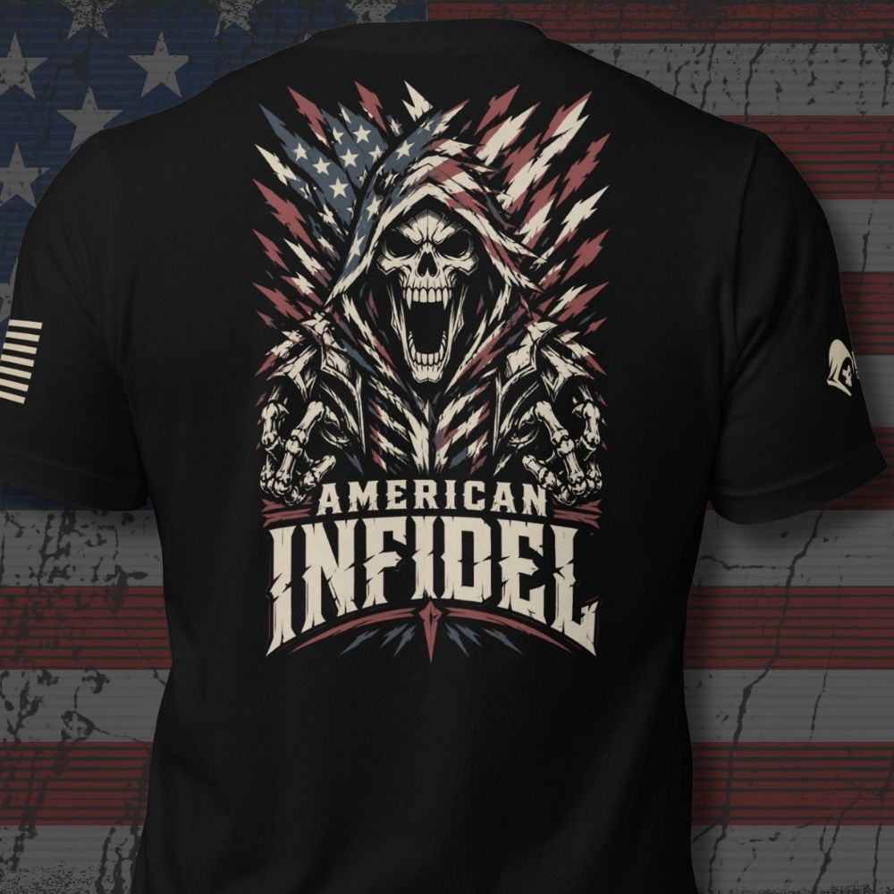 Infidel Collective black back-print tee with hooded skull reaper, shattered American flag shards, and “AMERICAN INFIDEL” graphic