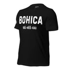BOHICA across the front of a ghosted black tee.