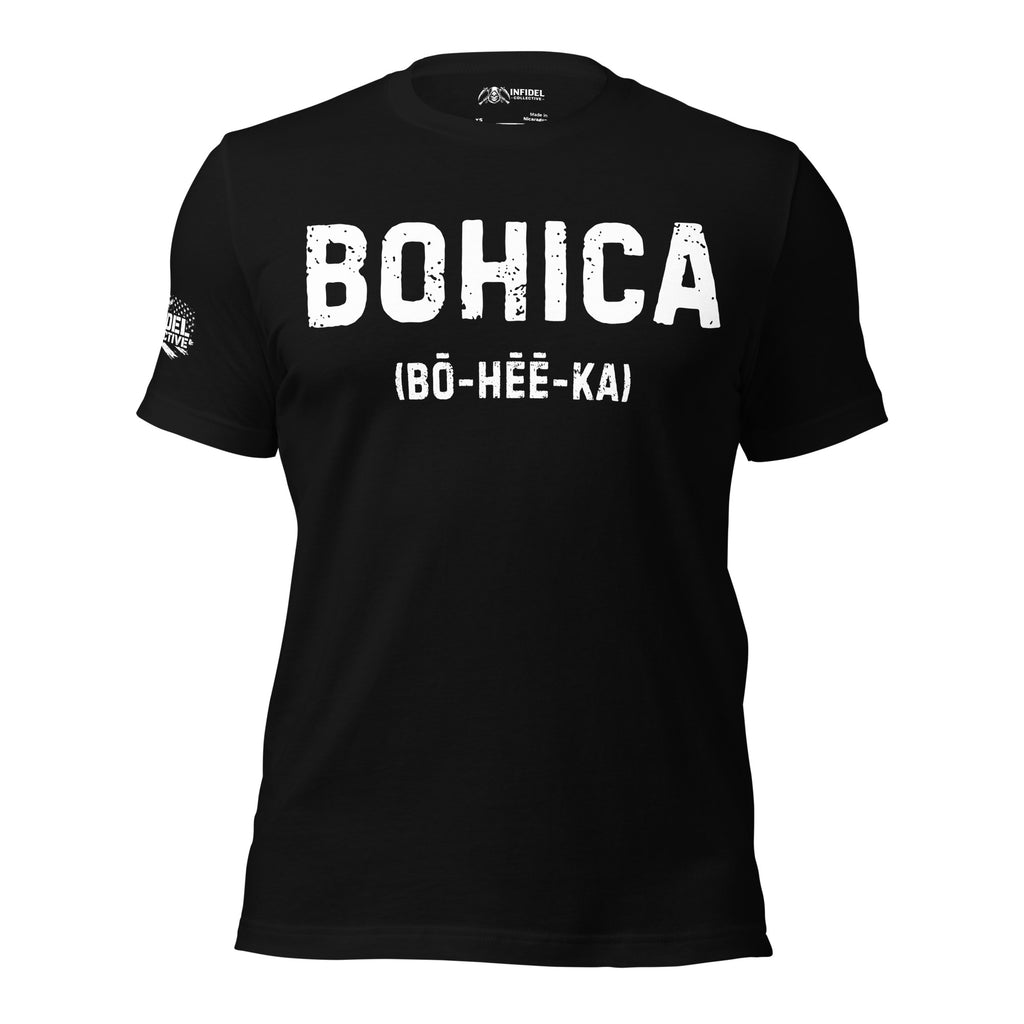BOHICA in white text across the front of a ghosted black tee against a white background.