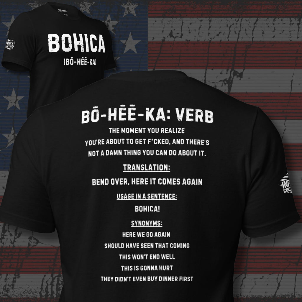 BOHICA defined across the back of a black tee that is set against a grunge USA flag.