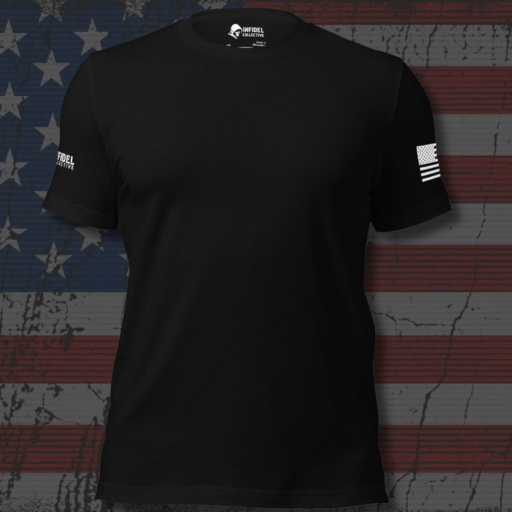 Infidel Collective black tee with blank front, white American flag sleeve print, and Infidel Collective sleeve branding