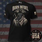 A black short-sleeve graphic T-shirt displayed against a distressed American flag background. The shirt features a large front print of a bandit wearing a tricorn hat, bandana, and sunglasses, with the words 'BORN INFIDEL' above the graphic.
