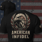 Black t-shirt featuring a distressed patriotic eagle crest above American Infidel lettering with red, white, and blue accents