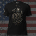 Spartan helmet and coiled rattlesnake behind large CCL letters front print black tee from Infidel Collective