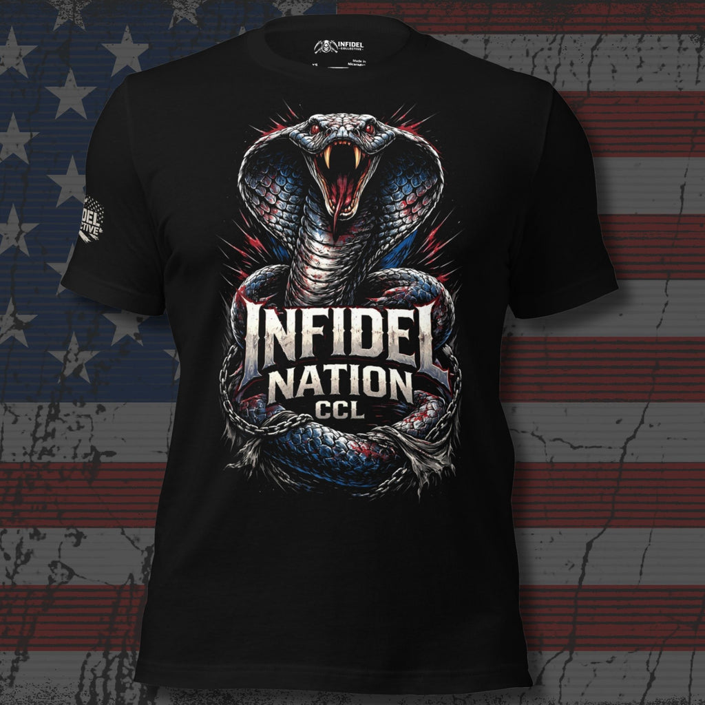Black t-shirt featuring a striking cobra with red, white, and blue accents coiled around the Infidel Nation CCL logo