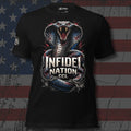 striking red white and blue cobra with Infidel Nation CCL text front print black tee from Infidel Collective