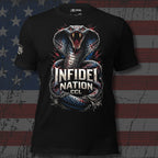 Black t-shirt featuring a striking cobra with red, white, and blue accents coiled around the Infidel Nation CCL logo