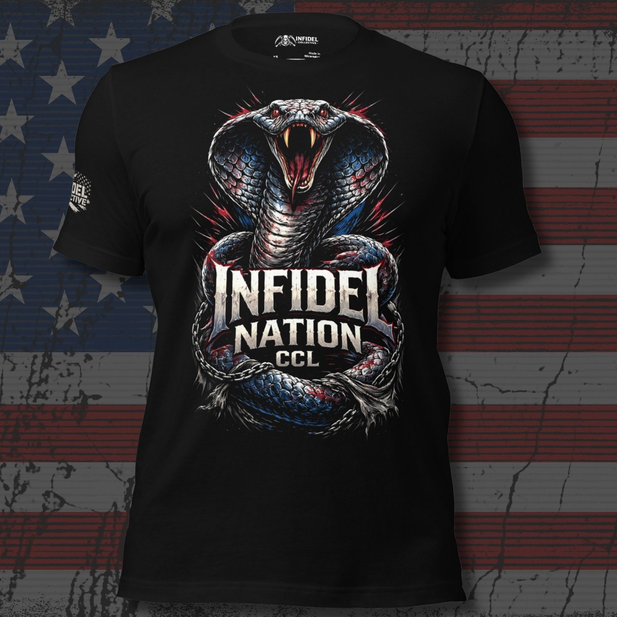 Black t-shirt featuring a striking cobra with red, white, and blue accents coiled around the Infidel Nation CCL logo
