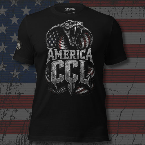 American flag cobra rising behind America CCL text front print black tee from Infidel Collective