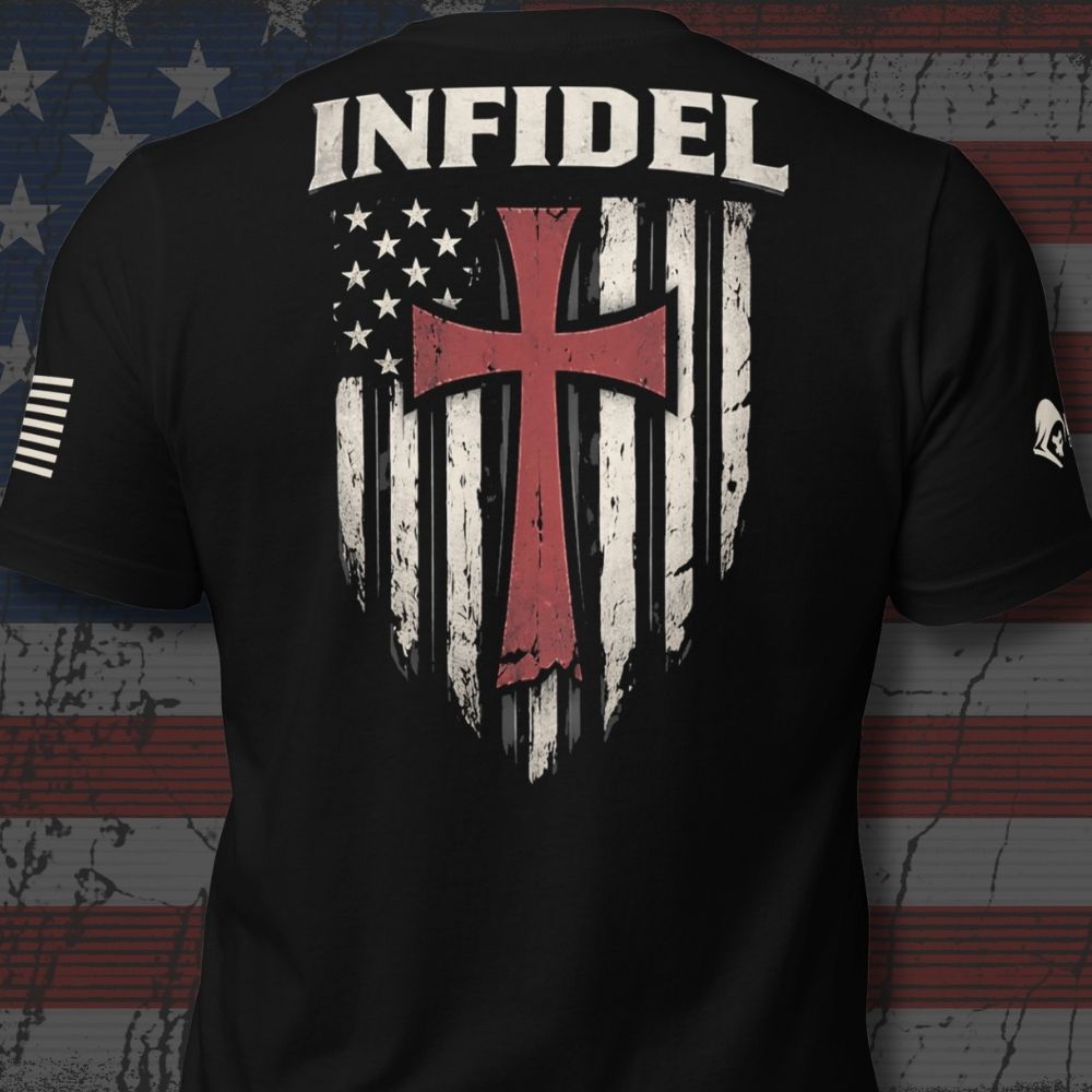 Infidel Collective black back-print tee with distressed American flag shield, red cross, and “INFIDEL” graphic