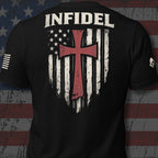 Infidel Collective black back-print tee with distressed American flag shield, red cross, and “INFIDEL” graphic