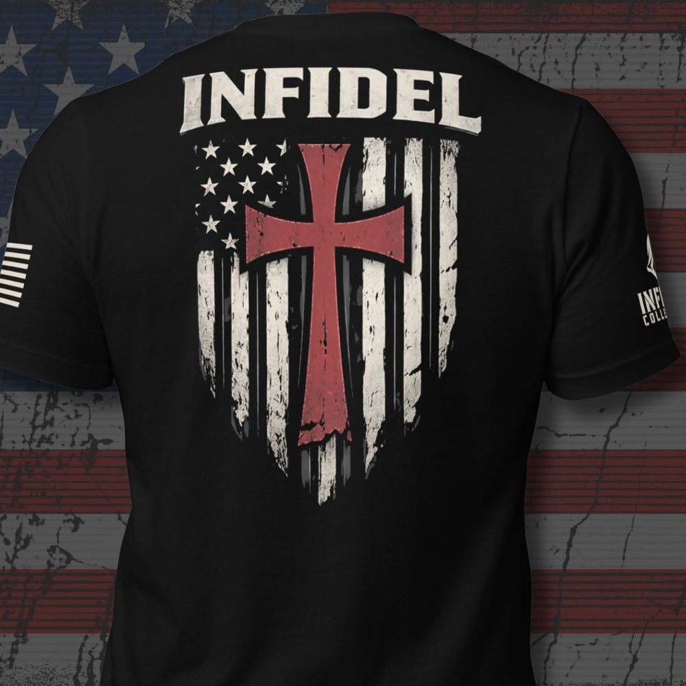 Black short-sleeve t-shirt shown from the back, featuring a distressed white American flag graphic with a crimson red cross in the center, the word 'INFIDEL' printed across the upper back. The left sleeve has an American USA flag and the right sleeve the brand logo for INFIDEL COLLECTIVE.