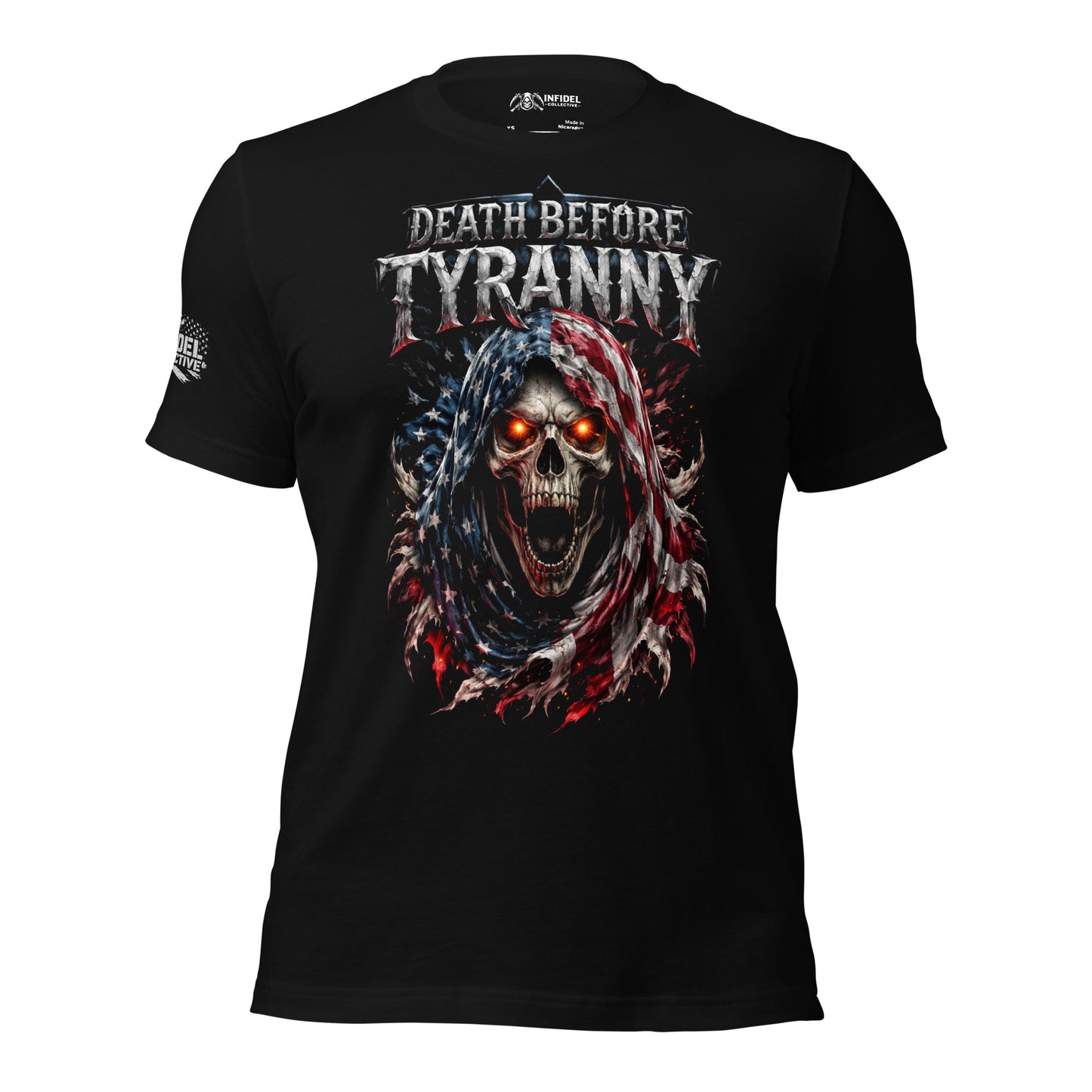Black t-shirt with a graphic design featuring a skull and 'Death Before Tyranny' text on a white background.
