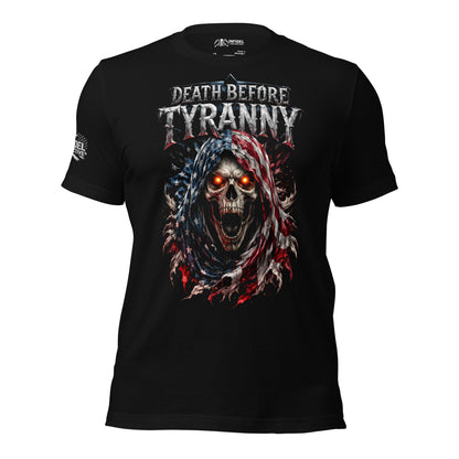 Black t-shirt with a graphic design featuring a skull and 'Death Before Tyranny' text on a white background.
