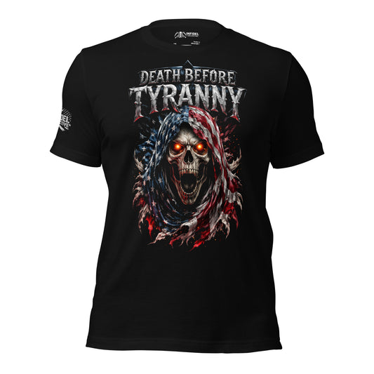 Black t-shirt with a graphic design featuring a skull and 'Death Before Tyranny' text on a white background.