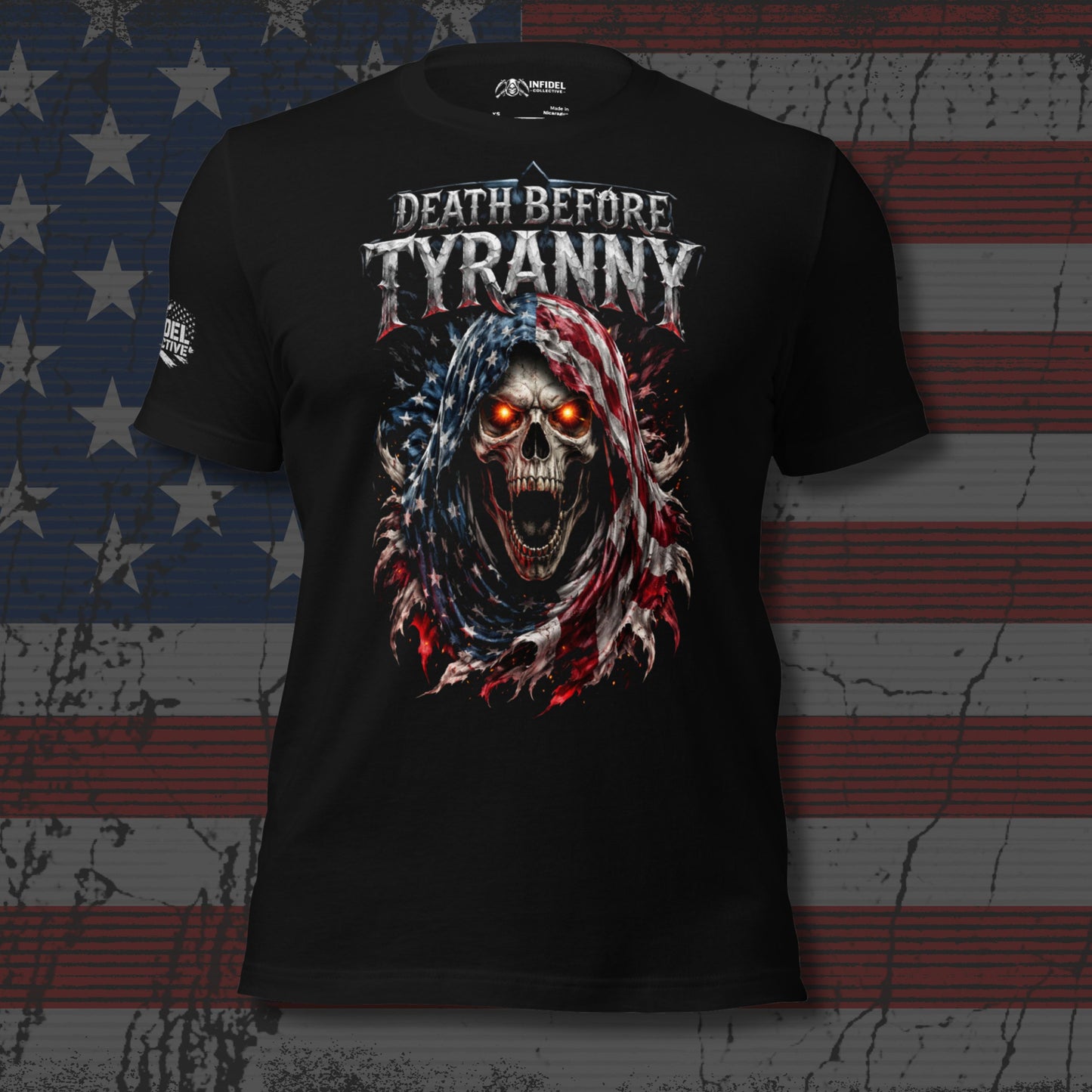 Black t-shirt with a graphic design featuring a skull and text 'Death Before Tyranny' against an American flag background.