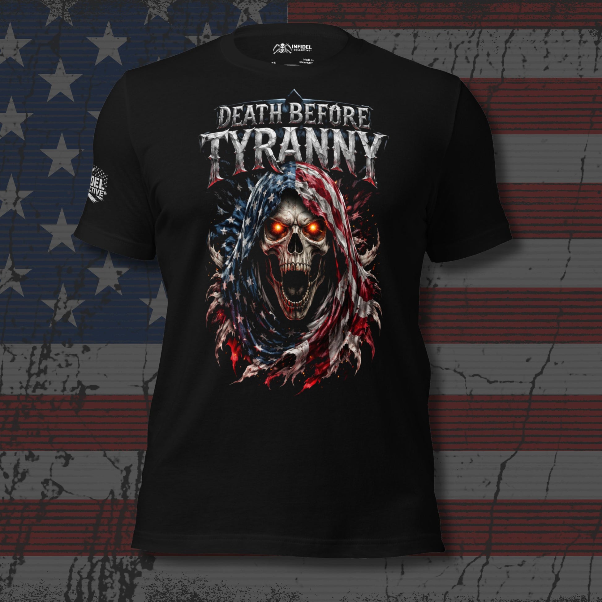 Black t-shirt with a graphic design featuring a skull and text 'Death Before Tyranny' against an American flag background.