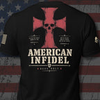 Infidel Collective black back-print tee with red cross, skull, “AMERICAN INFIDEL,” and “DEUS VULT” graphic