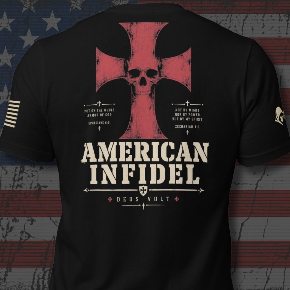 Infidel Collective black back-print tee with red cross, skull, “AMERICAN INFIDEL,” and “DEUS VULT” graphic