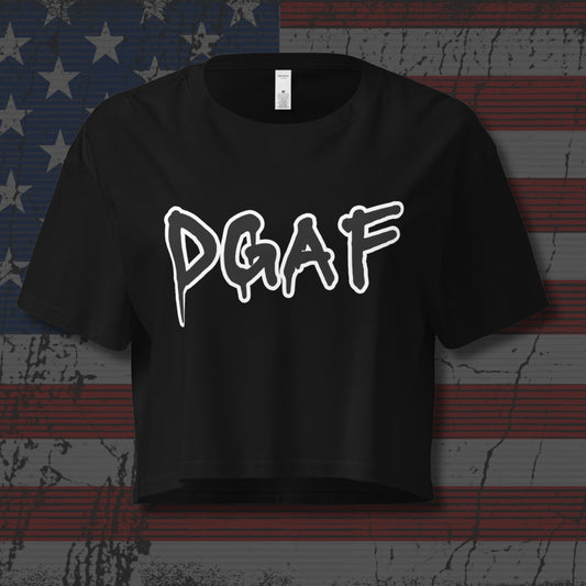 Black t-shirt with 'DGAF' text on an American flag background