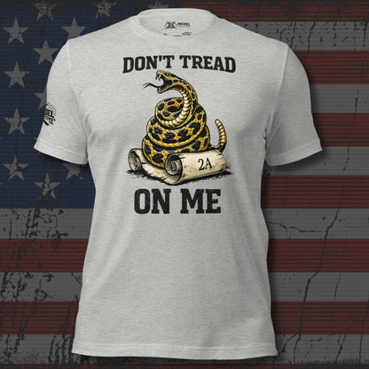 T-shirt with snake graphic and text 'Don't Tread on Me' on an American flag background