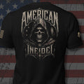 Infidel Collective black tee with hooded skull reaper, distressed American flag, and “AMERICAN INFIDEL” back print