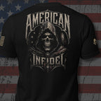 Infidel Collective black tee with hooded skull reaper, distressed American flag, and “AMERICAN INFIDEL” back print