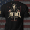Infidel Collective black back-print tee with hooded crusader helmet, red outlined cross, and “INFIDEL LAST TO KNEEL” graphic