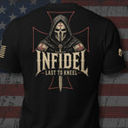 Infidel Collective black back-print tee with hooded crusader helmet, red outlined cross, and “INFIDEL LAST TO KNEEL” graphic
