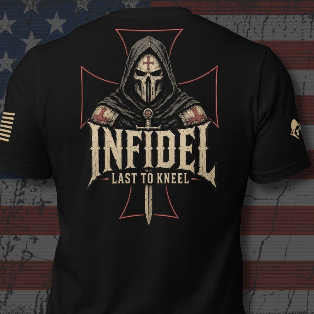 Infidel Collective black back-print tee with hooded crusader helmet, red outlined cross, and “INFIDEL LAST TO KNEEL” graphic
