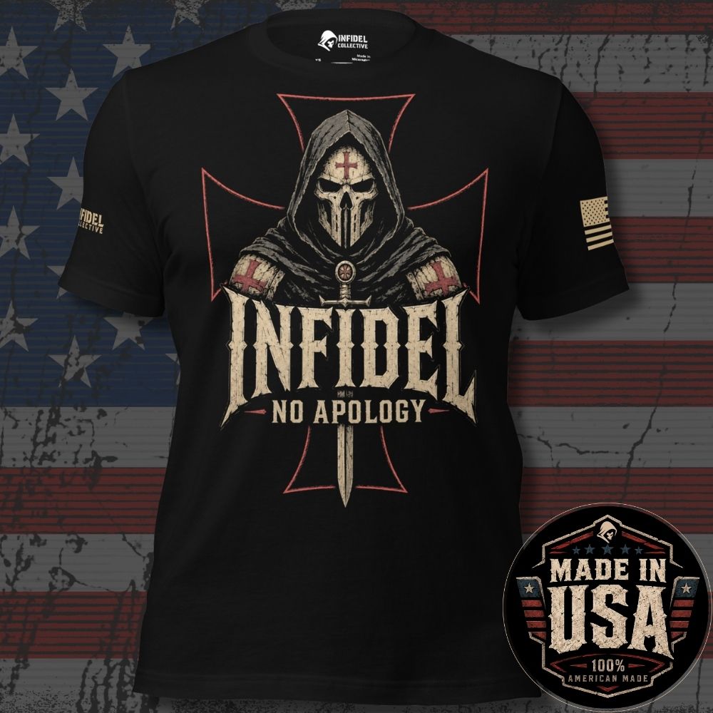 USA Made Death Mask Infidel No Apology black tee from Infidel Collective