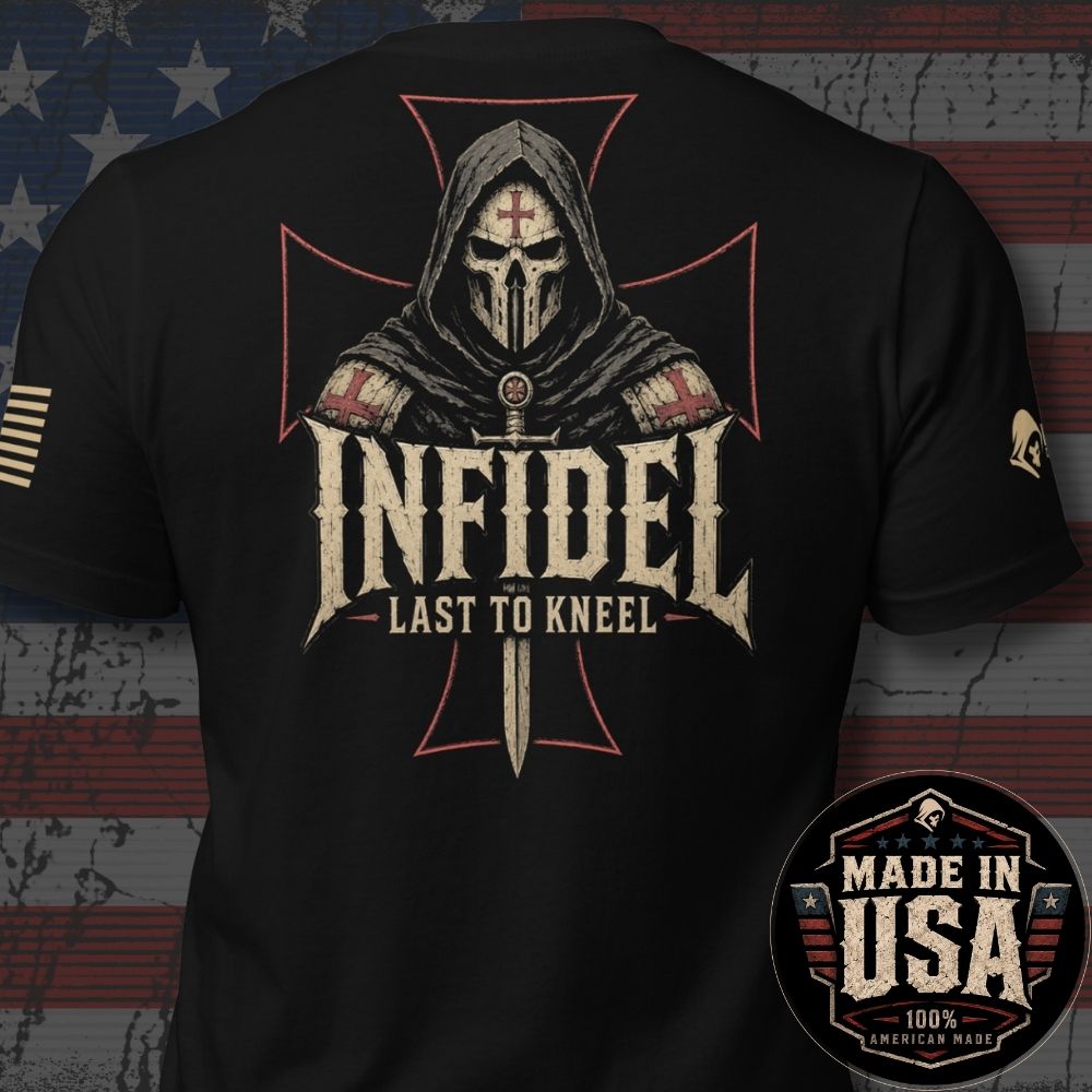 USA Made Death Mask Infidel Last to Kneel Back Print Tee