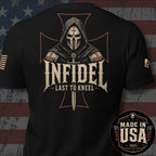USA Made Death Mask Infidel Last to Kneel Back Print Tee
