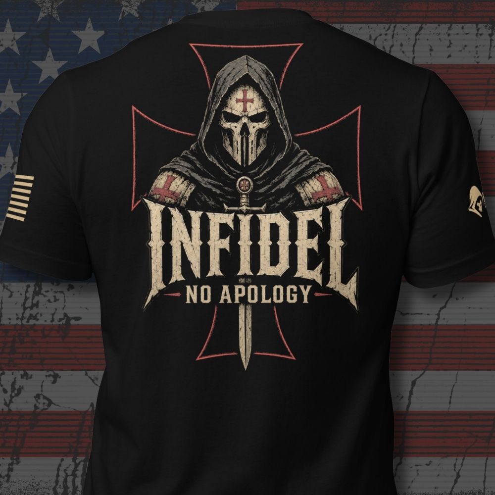 Black short-sleeve graphic T-shirt shown from the back, featuring a large hooded skull design with a red cross and the words “INFIDEL NO APOLOGY” in distressed cream lettering. The shirt is photographed against a distressed American flag background.