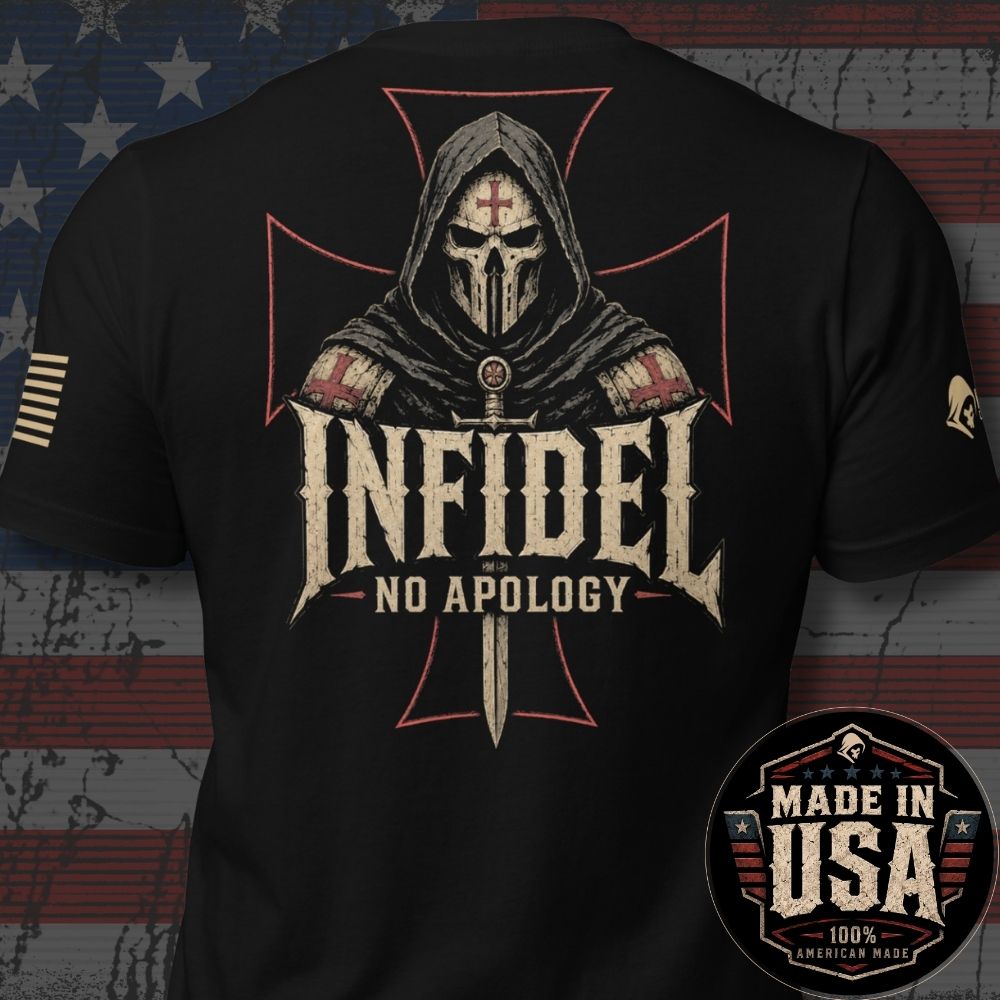 USA Made Death Mask Infidel No Apology Back Print Tee