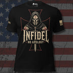 Black Infidel Collective tee with hooded death mask, red iron cross, and “INFIDEL NO APOLOGY” front graphic