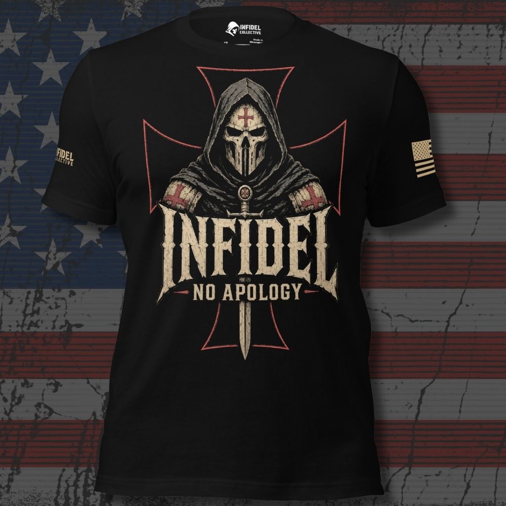 Black Infidel Collective tee with hooded death mask, red iron cross, and “INFIDEL NO APOLOGY” front graphic