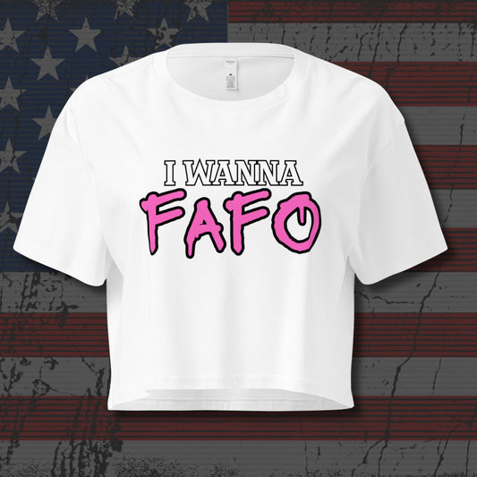 White crop top with 'I WANNA FAFO' text on a distressed American flag background