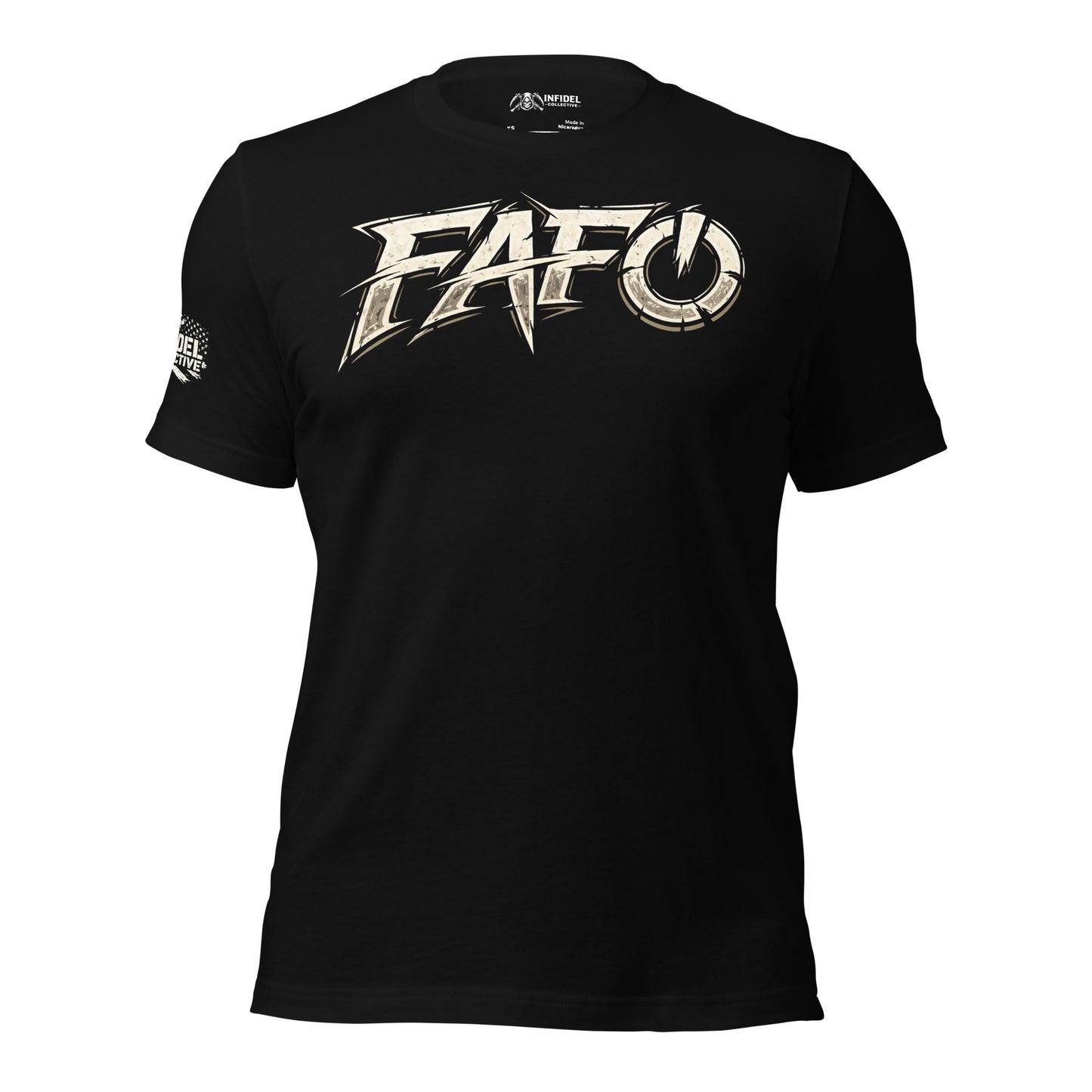 Black t-shirt with 'FAFO' logo on a white background