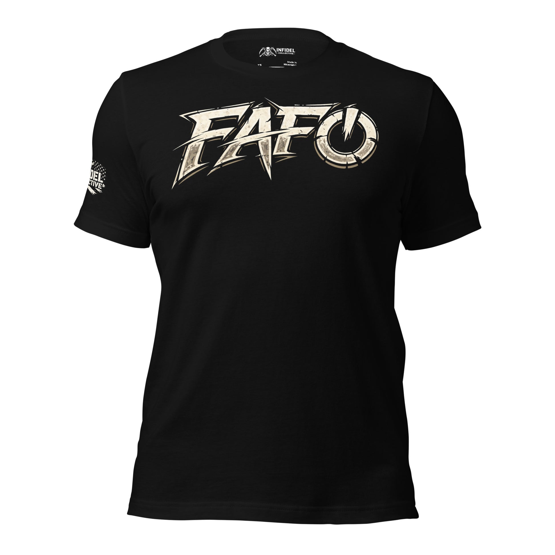 Black t-shirt with 'FAFO' logo on a white background