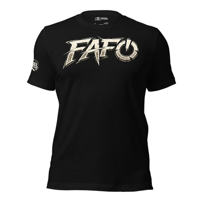 Black t-shirt with 'FAFO' logo on a white background