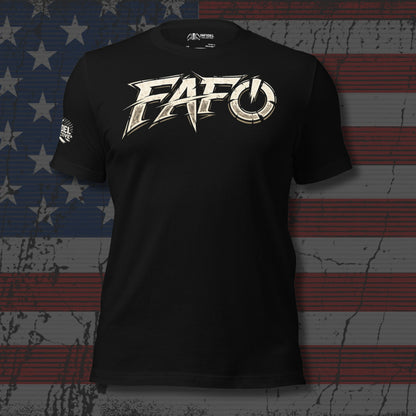 Black t-shirt with 'FAFO' logo on a distressed American flag background