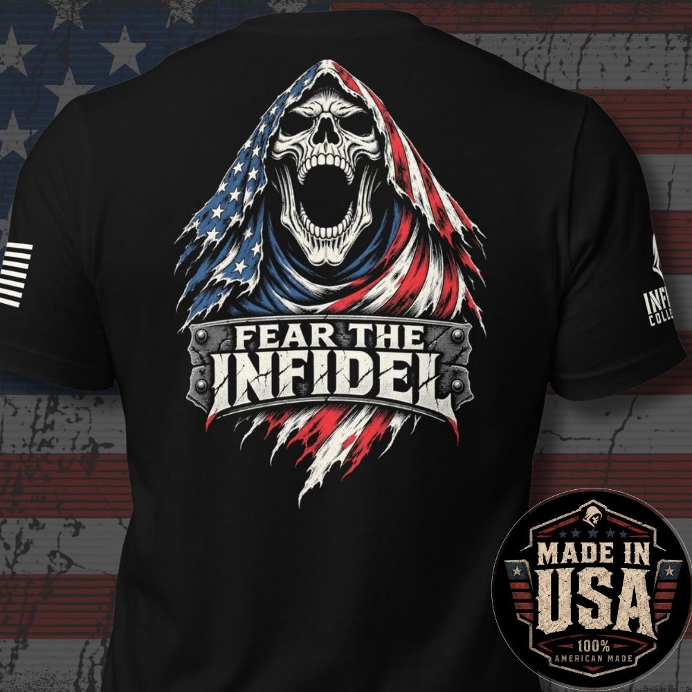 USA Made Fear the Infidel Red Streak Reaper back-print tee