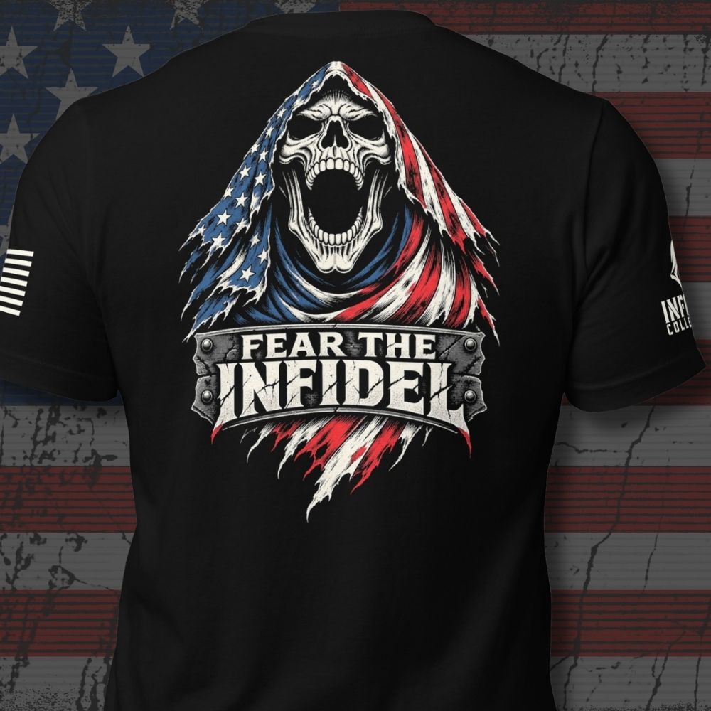 Fear the Infidel Red Streak Reaper back-print tee design in red, white, and gray